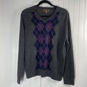 Merona Men Grey Diamond Print Italian Merino Wool Knit Pullover Sweater Size M